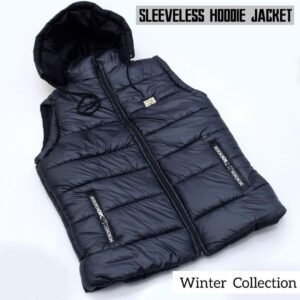Men Black Sleeveless Hooded Jacket Winter Parachute Fabric