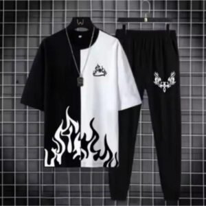 Men's Black Flame Printed Track Suit 2Pcs Slim Fit Summer