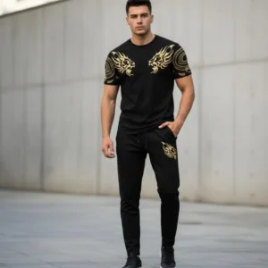 Men Black Lion Printed 2Pcs Track Suit Slim Fit