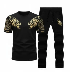 Men Black Lion Printed 2Pcs Track Suit Slim Fit