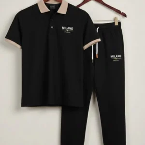 Men Black Printed Track Suit Set Milano Collar Polyester